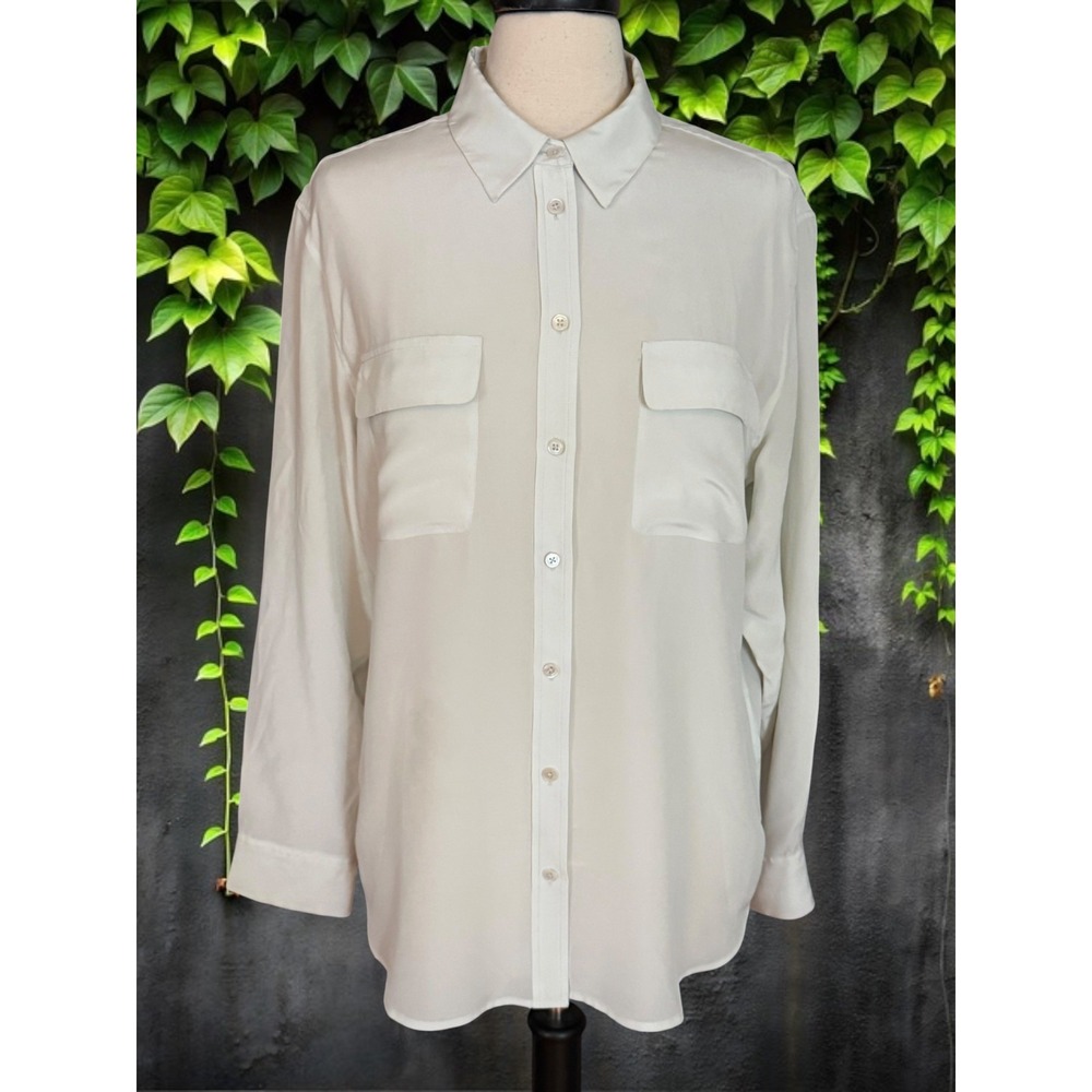 Equipment Femme 100% Silk Shirt Blouse Sz L Pockets Pale Gray $340 Old Money Top